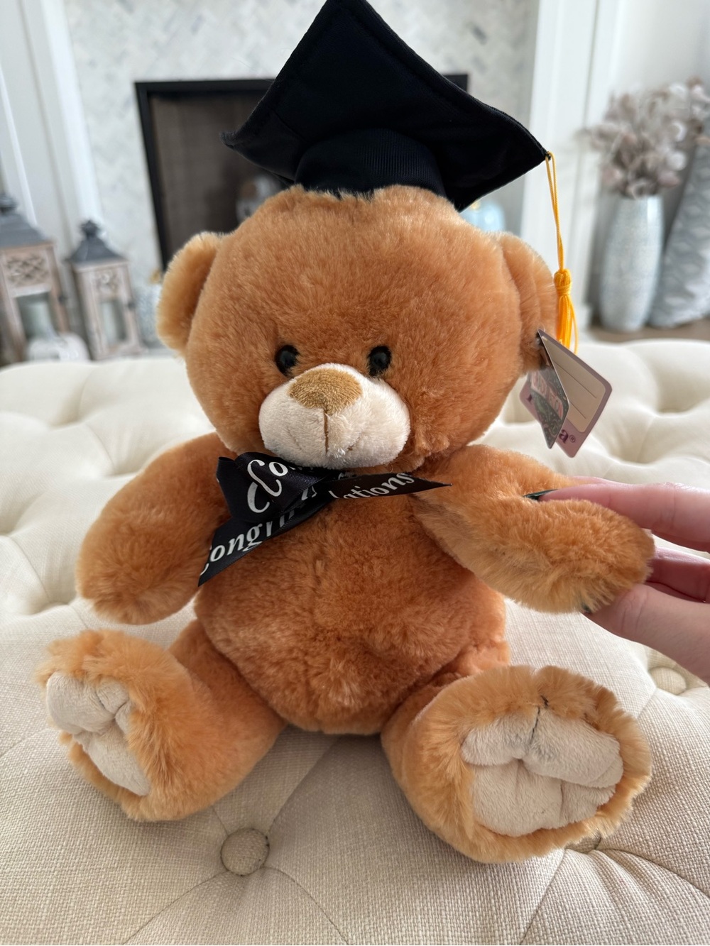 Graduation Bear Plush Toy in Brown with Black Cap - Congratulations Ribbon